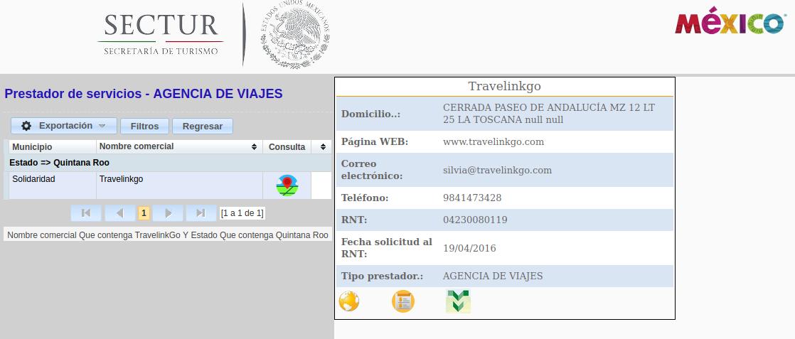 TraveLinkGo Caribe / Registro de la supuesta agencia en la Secretaría de Turismo