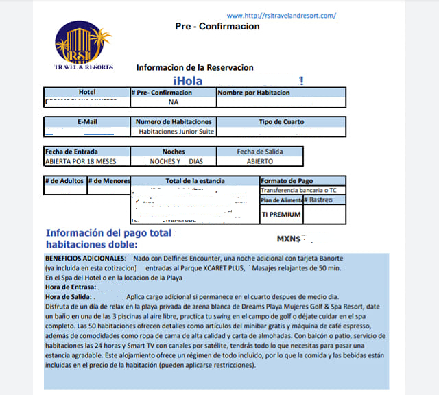 RSI Travel & Resorts / Formato de pre-confirmación de la supuesta agencia