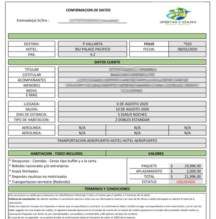 Ofertas y Viajes Cancún / Documento de confirmación