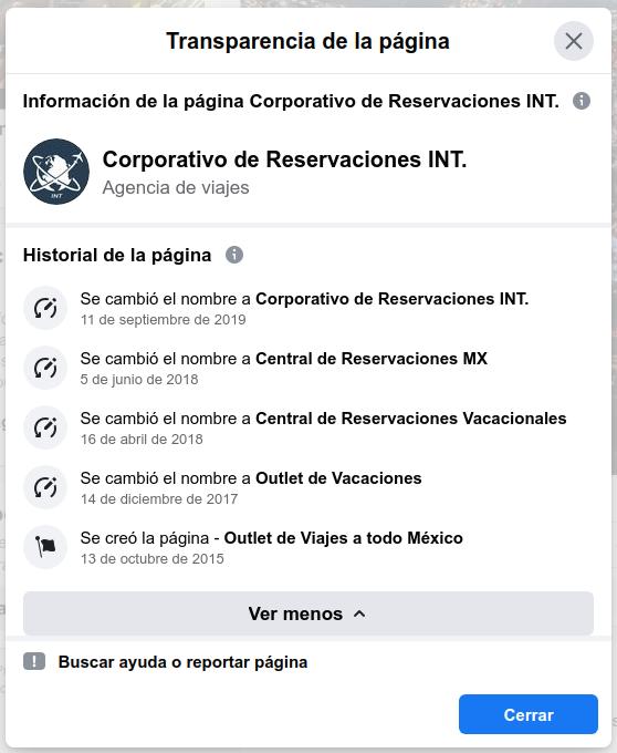 Corporativo de Reservaciones INT / Historial de la página FB