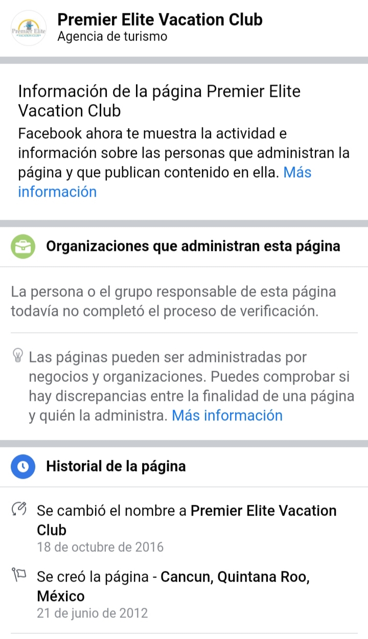 Premier Elite Vacation Club / Historial de la página FB