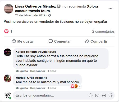 Xplora cancun travels tours / Quejas de los usuarios en la página de FB