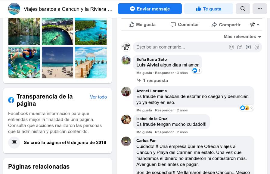 Viajes baratos a Cancun y la Riviera Maya / Quejas de los usuarios en la página FB