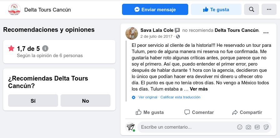 Delta Tours Cancún / Quejas de usuarios en la página FB