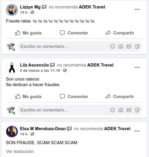 ADEK Travel / Opiniones de usuarios en la página FB