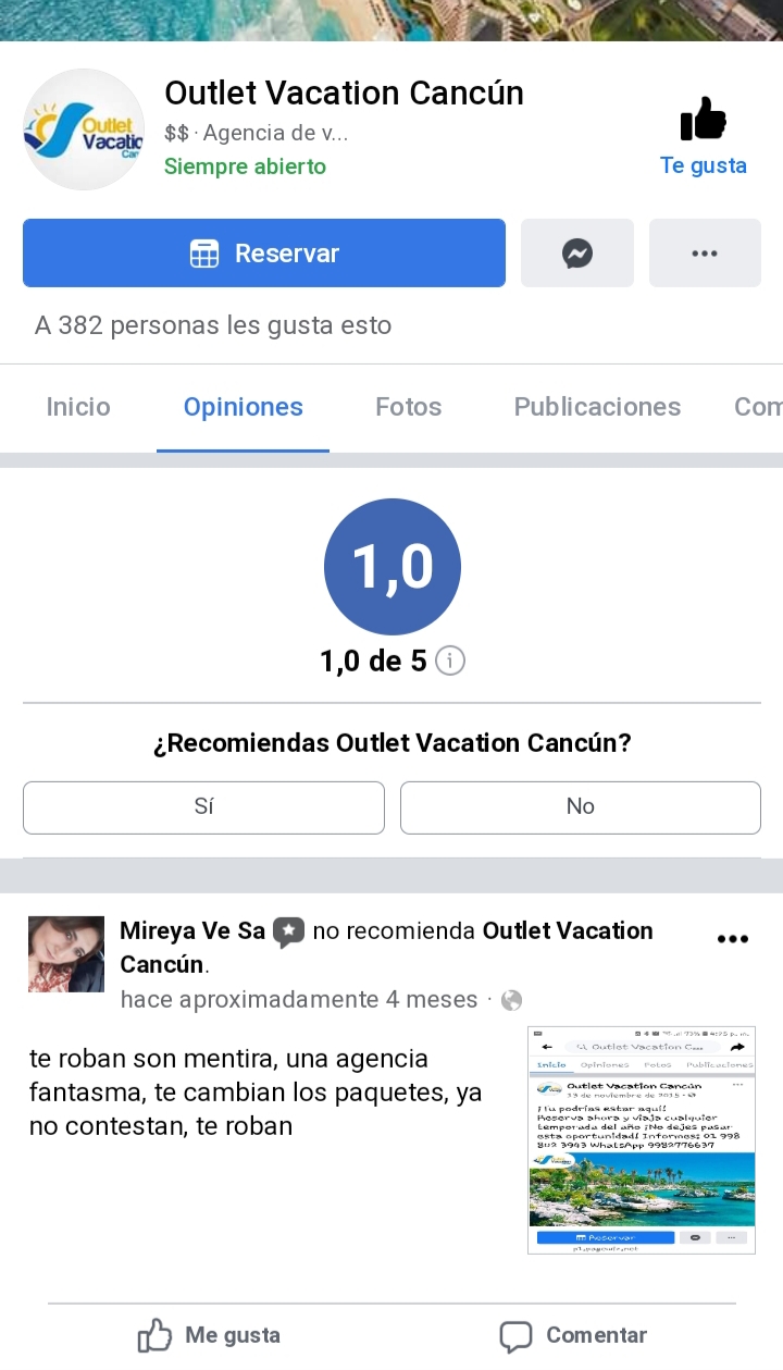 Outlet Vacation Cancún / Opinión en la página FB